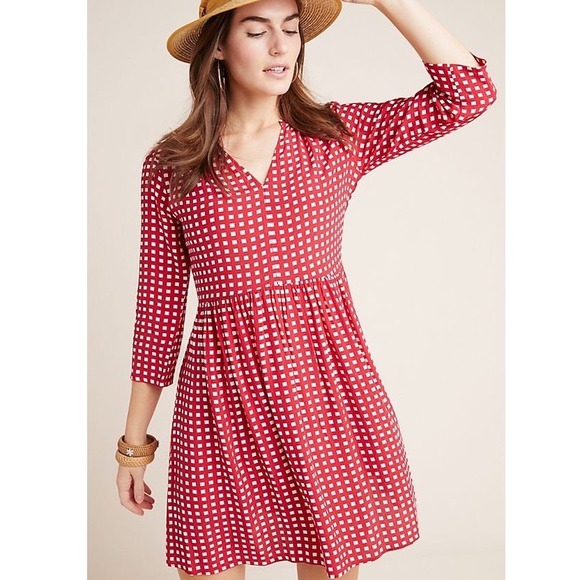 Maeve by Anthropologie Dresses & Skirts - Maeve Anthropologie Red White Gingham Check V-Neck Mini Dress XS Picnic Spring